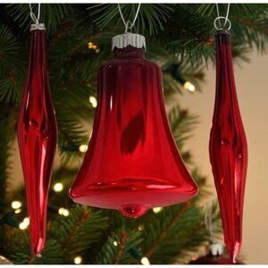 Vintage MCM Red Mercury Glass Christmas Ornaments 3pc Icicles Bell 3" Good